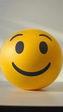 Emoji face blinking close vertical view before changing expression, yellow character and soft shadow for reaction animation, user feedback, mood cue, app interface, and social communication media