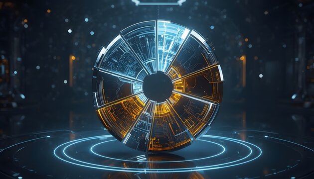 Cybernetic data visualization interface displaying fragmented circular geometric patterns in futuristic digital environment