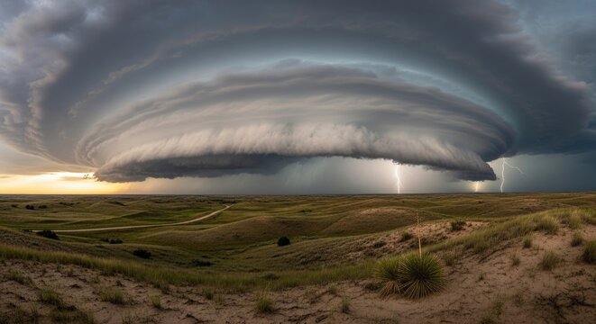 Massive rotating storm cloud over desert terrain.