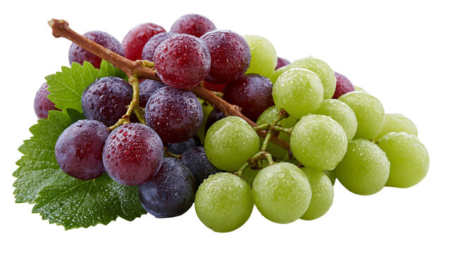 Fresh cluster of red and green grapes with water droplets and green leaves