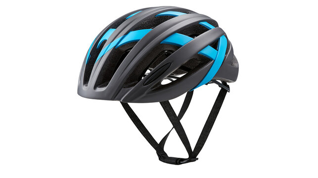 Black and blue aerodynamic bicycle helmet with ventilation slots and chin strap