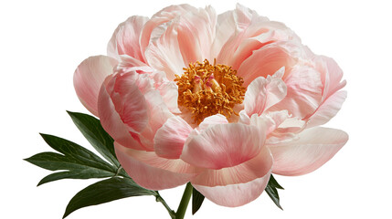 Soft pink peony flower with yellow center and green leaves © Natalia