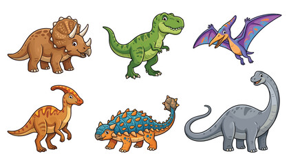 Cute Dinosaurs Vector Set featuring Triceratops Tyrannosaurus Rex Pterodactyl Parasaurolophus Ankylosaurus and Brachiosaurus for Kids Design © Prodip