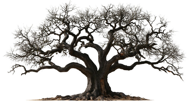 Large ancient leafless oak tree with gnarled branches and textured bark