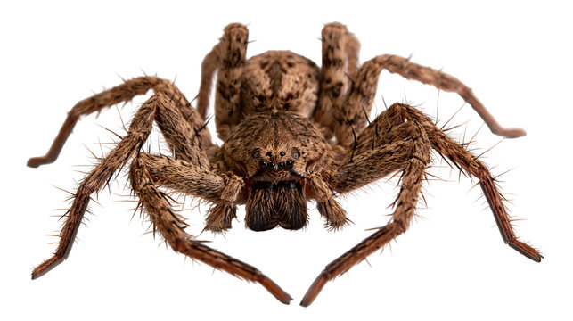 Brown hairy wolf spider with eight eyes and long legs