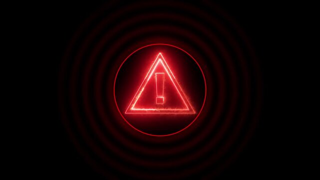 Warning symbol animation pulses with active concentric rings. Hazard danger alert notices trigger across the warning symbol. Emergency security notifications flash on it.
