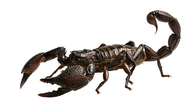 Large dark brown emperor scorpion with raised stinger and textured pincers