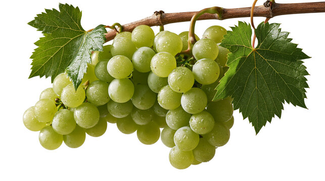 Fresh green grapes cluster with vine and leaves