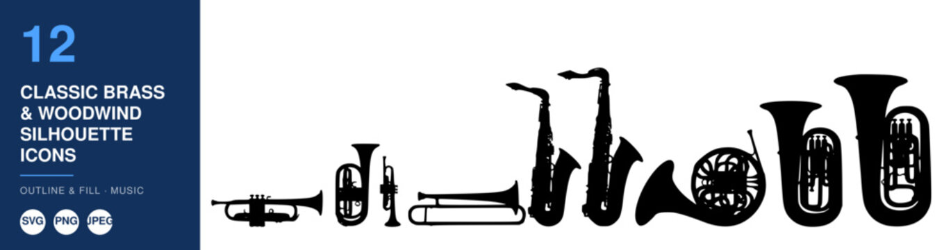 Classic Brass Woodwind Silhouette Icons Set, Outline and Fill Design, Music Illustration, Vector Graphic Elements