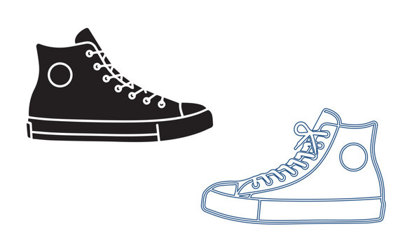 Set of high top sneaker shoe icons in black solid and blue outline style with sneaker icon