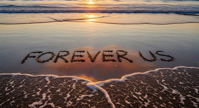 Romantic Forever Us Message Written in the Sand on a Tropical Beach at Golden Hour Sunset