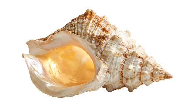 Large textured brown and cream spiral conch seashell with smooth pearlescent interior