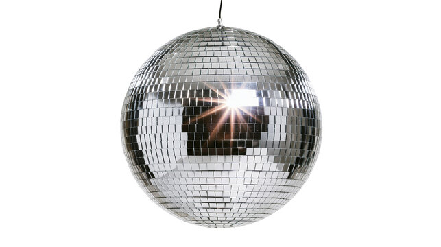 Shiny reflective disco ball with small square mirror tiles and bright light flare