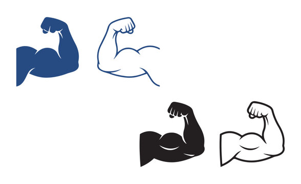 Bicep flex arm muscle icon set in solid and outline styles with strong arm fitness graphic line art