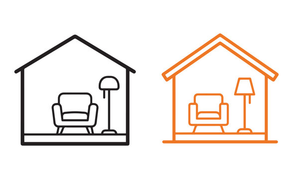Living room icons with armchair and floor lamp inside house outline armchair icon interior icon
