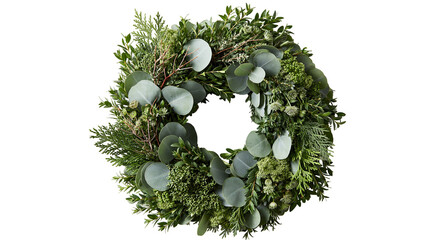 Fresh green botanical wreath with eucalyptus leaves and cedar branches © Natalia