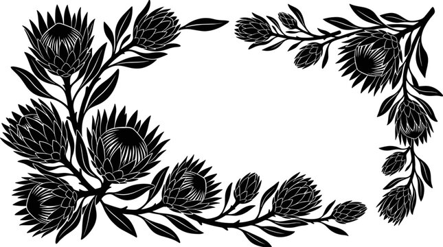 Black protea flower rectangular corner border frame botanical decoration vintage elegant editable vector template design illustration background pattern
