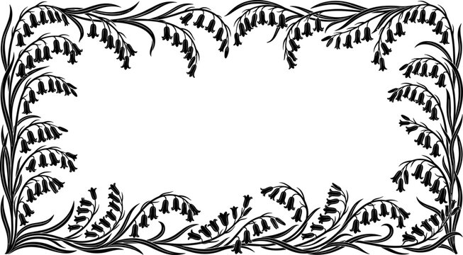 Black bluebell lily floral rectangular border frame botanical decoration vintage elegant editable vector template design illustration background pattern