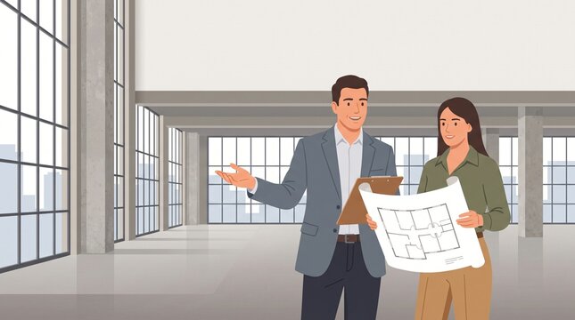 Facility manager and interior contractor reviewing office layout floor plan, commercial workplace relocation consultation, architectural building renovation planning clipboard meeting graphic banner
