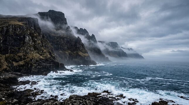 Dramatic rocky sea cliffs shrouded in mist and fog above the crashing ocean