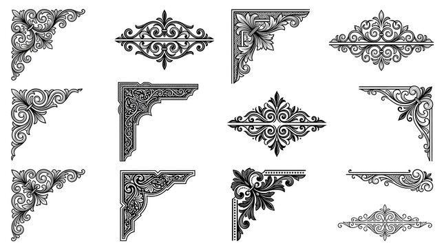 Set of vintage decorative corner flourishes and ornate border elements on white