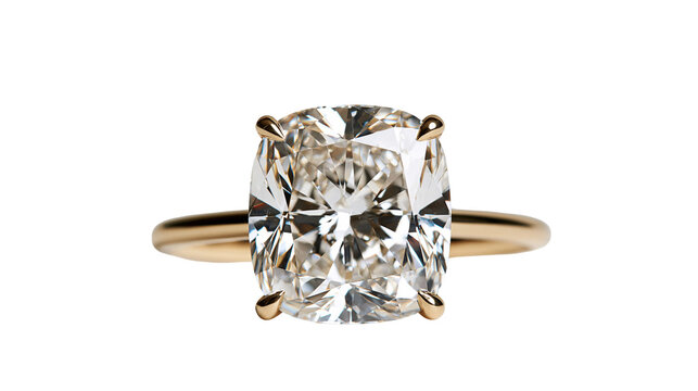 Cushion cut diamond engagement ring with a thin yellow gold band