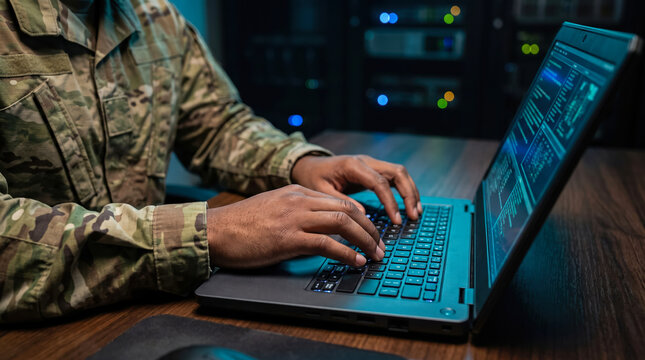 Military personnel sits at a desk during nighttime and works on a laptop with blue light displaying complex code while managing technical systems in