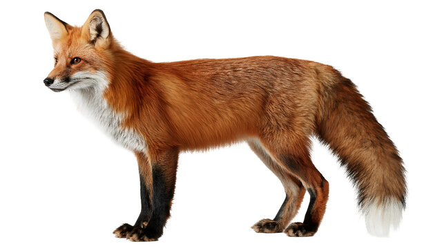 Full body side view of a standing red fox with thick orange fur and white tail tip