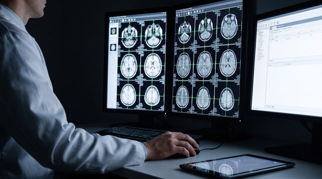 Doctor reviewing brain scans on multiple computer monitors in a dark office