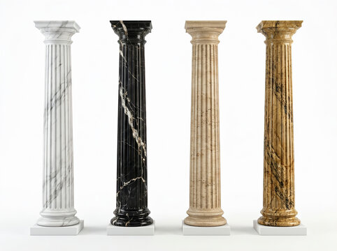 Classical marble columns 3D render, four elegant fluted pillars in white, black, beige, and brown stone