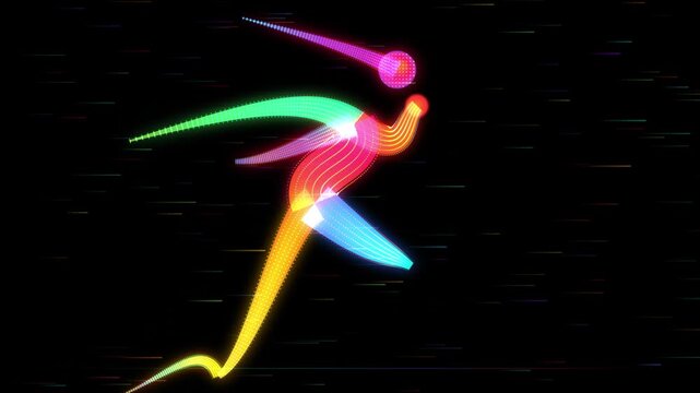 Neon Digital Human Silhouette Running with Dynamic Rainbow Particle Trails on Black Background Video