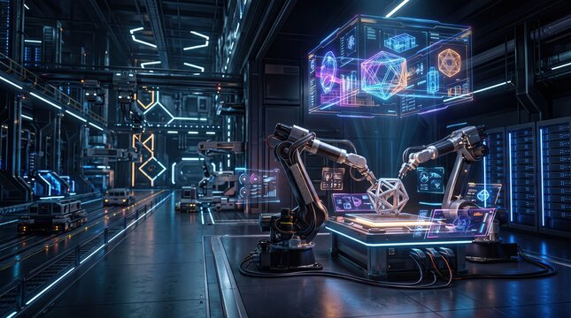 Engineering team operating advanced robotic arm in futuristic smart factory with holographic interface