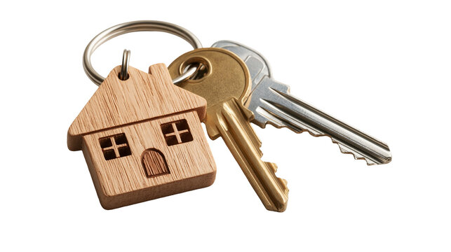 Wooden house shaped keychain with metal keys on a silver ring