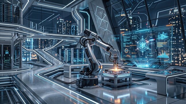 Industrial robotic arm automating precision manufacturing in futuristic smart factory with holographic interface