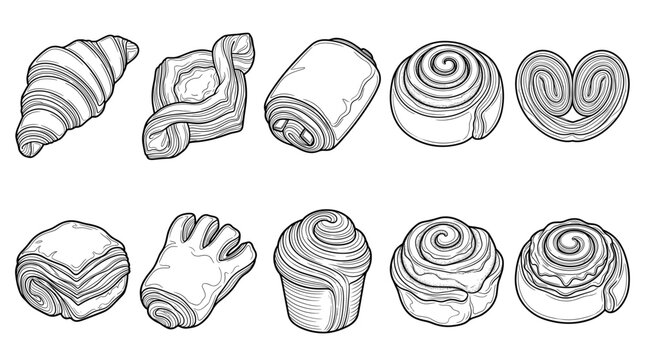 Pastries with croissants rolls danish swirls set line drawing vector designs