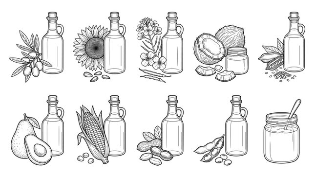 Cooking oils with olive sunflower coconut bottles set line drawing vector designs