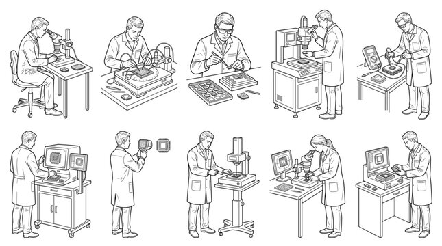 Technicians inspecting microchips with laboratory equipment set line drawing vector designs