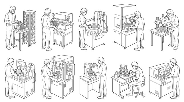 Wafer fabrication with semiconductor equipment technicians set line drawing vector designs
