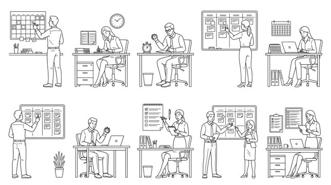 Time management with calendars clocks schedules set line drawing vector designs