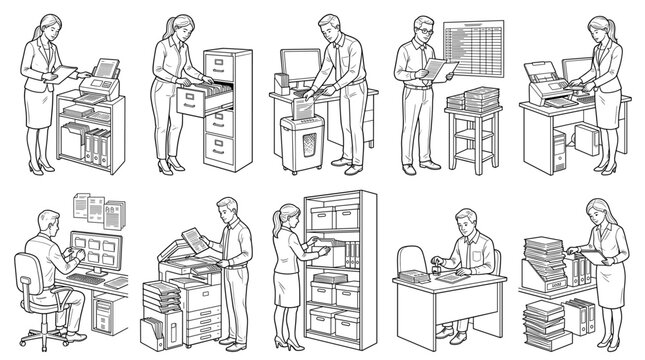 document management with filing sorting scanning and office work set line drawing vector designs