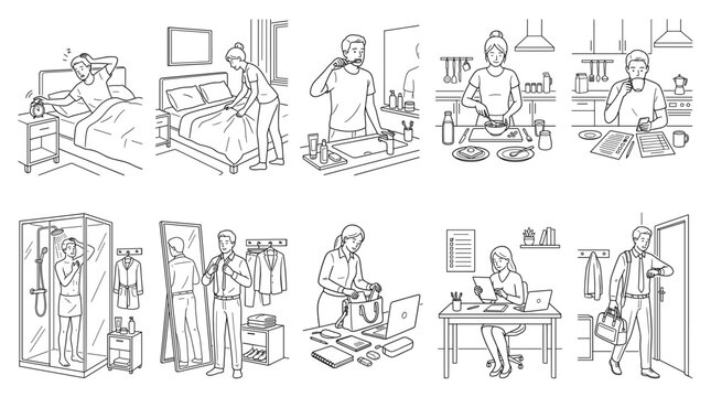Morning routine with grooming breakfast dressing and exercise set line drawing vector designs