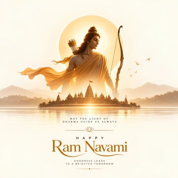Happy ram navami celebration with lord rama and distant sacred temple