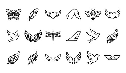 Fototapeta premium Minimal Wing Outline Vector Icons – Editable Angel Bird Butterfly Feather and Flight Symbols