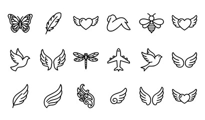 Fototapeta premium Wing Outline Icons Vector Set – Butterfly Feather Heart Angel Bird Bee and Airplane Symbols