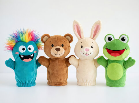 Animal hand puppets photo with colorful monster, brown bear, rabbit, and green frog isolated on white background