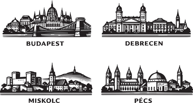 Set of four famous hungarian city skylines including budapest debrecen miskolc and pecs in a black silhouette