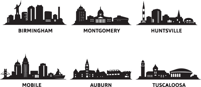 Collection of major alabama city skylines featuring birmingham montgomery huntsville mobile auburn and tuscaloosa in a black silhouette