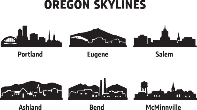 Set of six iconic city skylines from oregon state presented in a clean minimalist black and white silhouette