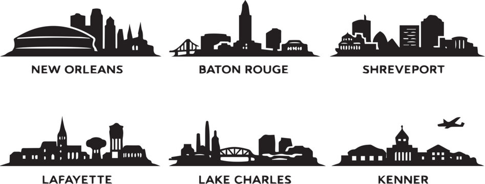 Collection of louisiana city skylines featuring new orleans baton rouge shreveport lafayette lake charles and kenner in silhouette