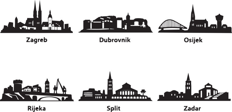 Set of six famous croatian city skylines featuring a minimalist black and white urban landscape design silhouette